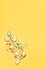 Creative flat lay photo of easter eggs on colorful background.