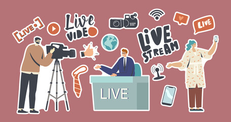 Set of Stickers Live Stream, News Theme. Videographer with Camera, Anchorman Sitting at Desk Conduct Program