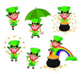 Cute cartoon style illustration set of leprechauns