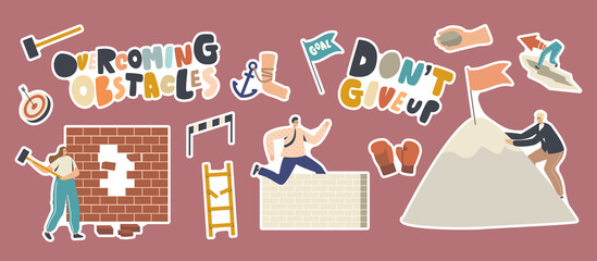 Set of Stickers Overcoming Obstacles Theme. Characters Seeking Success, Climbing on Rock Peak, Jump Over Barriers