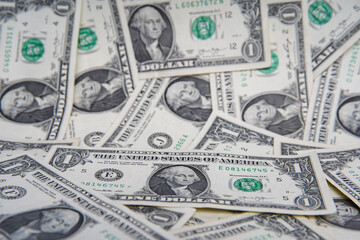 American one dollar banknotes wallpaper. Close up of money. Wealth concept, free trade, business concept background.