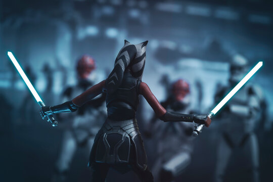 NEW YORK USA - FEB 20 2021: Scene From Star Wars The Clone Wars With Ahsoka Tano Fighting Clones During Order 66  - Hasbro Action Figure