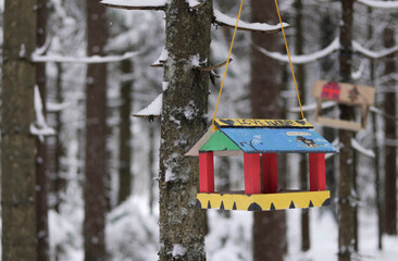 a wooden bird feeder in a snowy forest at winter