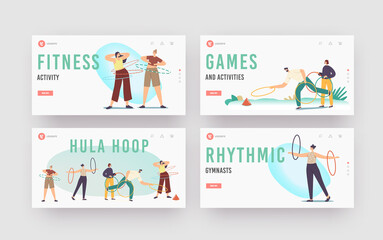 Active Sparetime, Outdoor or Indoor Activity Landing Page Template Set. Adult Characters Exercising with Hula Hoop