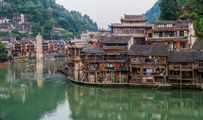 Fototapeta na wymiar Traditional houses along Tuo river in Fenghuang Ancient Town, Hunan province, China