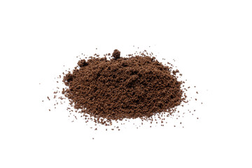ground coffee powder isolated on white background. caffeine addiction concept. above view. roasted coffee cut out