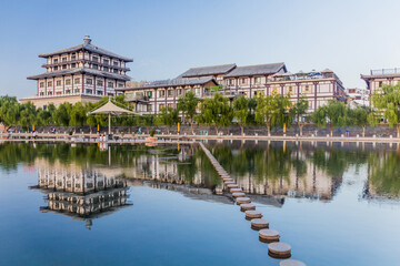 Stepping stones crossing of Danghe river in Dunhuang, Gansu Province, China