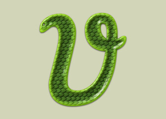 Initial letter V in style of green mamba, snake font with 3D rendering and glossy surface