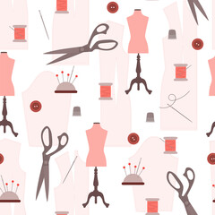 Tailor seamless pattern with templates, scissors, thread and mannequins. Hobby.