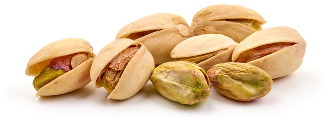 Pistachio nuts, isolated on white background. Close-up