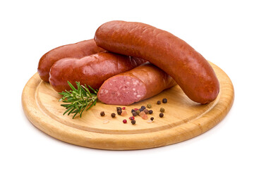 Smoked pork sausages, isolated on white background