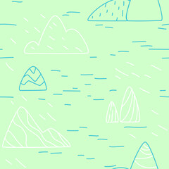 seamless pattern with blue and white mountains and ricks in line art style on light green background