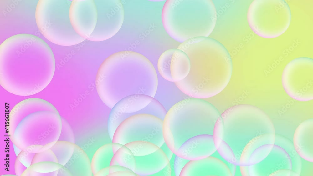 Aufkleber animation of colorful soap bubbles flying up. abstract floating shampoo or suds on gradient rainbow 