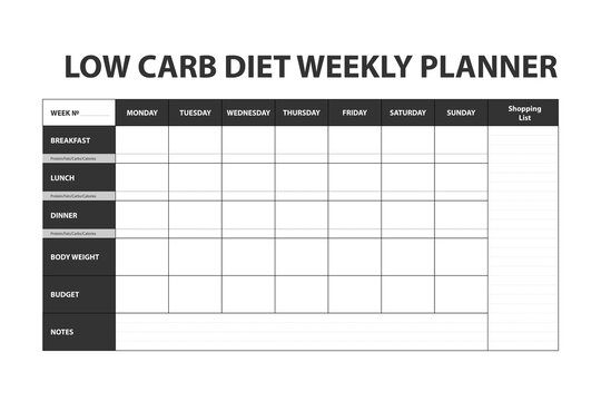 Dark simple diet weekly planner isolated on white background. Food menu plan for diet. Daily schedule template for cooking meals. Week plan low carb menu notes.
