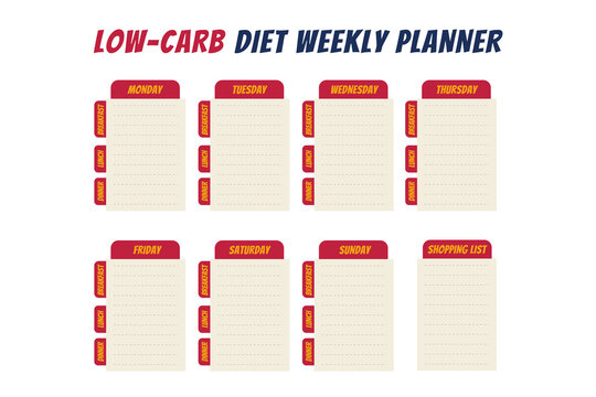 Comics text diet weekly planner isolated on white background. Food menu plan for diet. Daily schedule template for cooking meals. Week plan low carb menu notes.