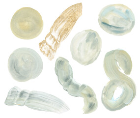 Gouache abstract elements with yellow, gray, pink and blue spots. Hand painted beautiful illustration with stains isolated on white background. For design, print, fabric or background.