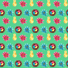 Watercolor Easter pattern with flowers, Easter eggs and a chicken. Seamless digital paper.