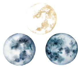Watercolor set of gold and blue moon. Hand painted abstract illustrations isolated on white background. Minimalistic illustration for design, print, fabric or background.