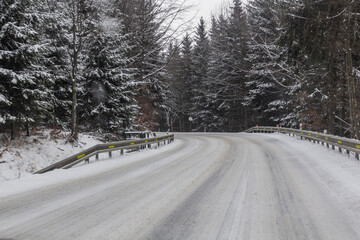 Winter view of I/11 road near Suchy vrch mountain, Czech Republic