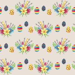 Watercolor Easter pattern with spring flowers and Easter eggs. Seamless digital paper.