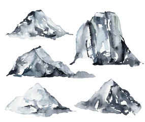 Watercolor winter set of snow and mountains. Hand painted abstract illustrations isolated on white background. Minimalistic illustration for design, print, fabric or background.