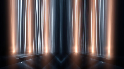 Abstrakter moderner dunkler Hintergrund mit Strahlen und Linien. Dunkle leere Szene mit geometrischen Mustern. Nacht abstrakter blauer Hintergrund mit goldenem Licht. Neonlicht, symmetrische Reflexion. © MiaStendal