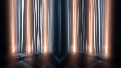 Abstrakter moderner dunkler Hintergrund mit Strahlen und Linien. Dunkle leere Szene mit geometrischen Mustern. Nacht abstrakter blauer Hintergrund mit goldenem Licht. Neonlicht, symmetrische Reflexion. © MiaStendal