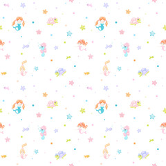 Vector Cartoon sea life animals underwater and red hair mermaids.  Wallpaper seamless repeat tile pattern for baby room. 