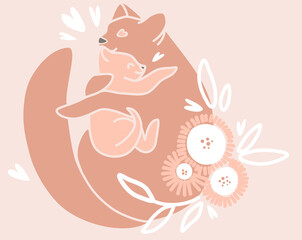 vector illustration of hugging cat and kittem, great illustration for mothers day, boho style, with flowers