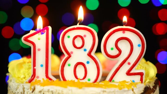 Number 182 Happy Birthday Cake With Burning Candles Topper.