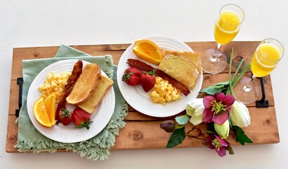 Tasty gourmet classic American style brunch breakfast for weekends and special occasions, Mother's Day, birthdays. Photo concept background, food, copy space