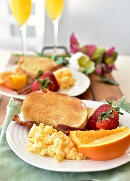 Tasty gourmet classic American style brunch breakfast for weekends and special occasions, Mother's Day, birthdays. Photo concept background, food, copy space