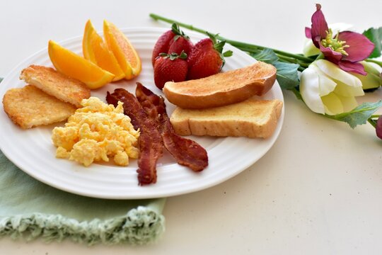 Tasty gourmet classic American style brunch breakfast for weekends and special occasions, Mother's Day, birthdays. Photo concept background, food, copy space