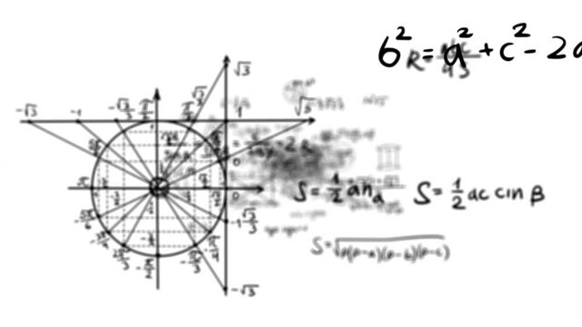 4k animation of geometric formulas. Large data stream. Figures, equations, drawings, formulas. Video of calculations and calculations on a white background with an alpha channel. Thought process.