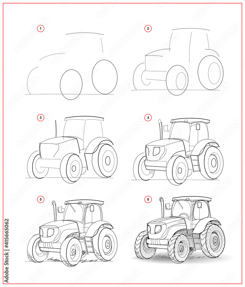 Wall mural page shows how to learn to draw sketch of tractor. creation step by step pencil drawing. educational