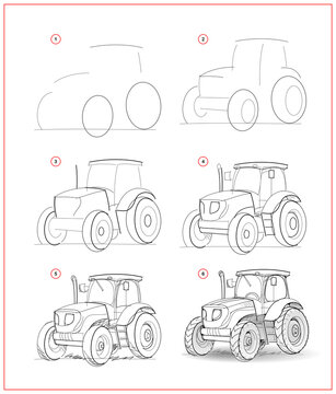 Page shows how to learn to draw sketch of tractor. Creation step by step pencil drawing. Educational page for artists. Textbook for developing artistic skills. Online education.