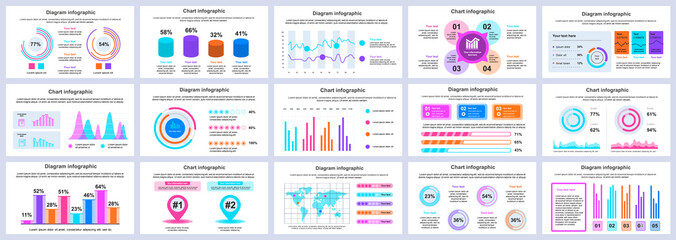 Bundle business and finance infographics presentation slides template. Different charts, diagrams, workflow, flowchart, timeline, schemes design template. Vector info graphic and infographics set.