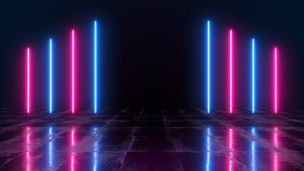 Abstract neon background with bright laser lights and reflections on the floor. 3d render of blue and pink rays. Night club music show illustration.