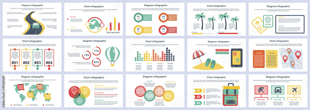 Aufkleber bundle travel vacation infographics presentation slides template. different charts, diagram, workflo