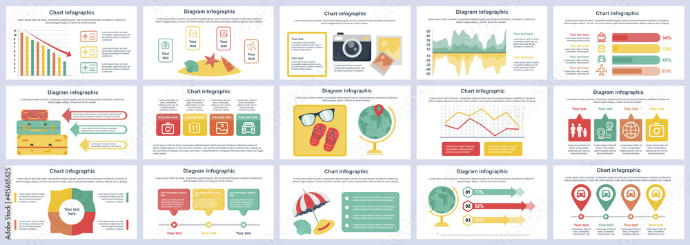 Poster bundle travel vacation infographics presentation slides template. different charts, diagram, workflo