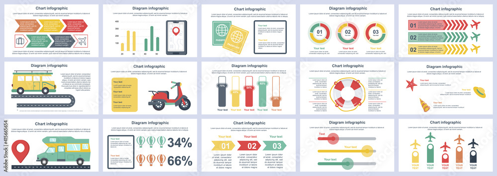 Poster bundle travel vacation infographics presentation slides template. different charts, diagram, workflo