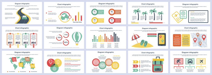 Bundle travel vacation infographics presentation slides template. Different charts, diagram, workflow, flowchart, timeline, schemes, graphs design template. Vector info graphic and infographics set.