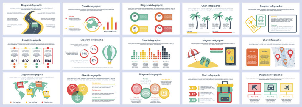 Bundle travel vacation infographics presentation slides template. Different charts, diagram, workflow, flowchart, timeline, schemes, graphs design template. Vector info graphic and infographics set.