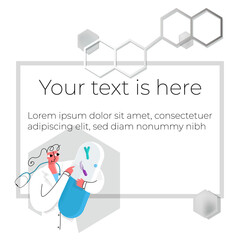 Vector illustration of template, layout, frame abstract chemical formula, doctor with capsule, probiotics. Design concept for slides, presentations, title pages, slides, introductions.