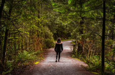 Obraz premium Girl Walking on a Beautiful Path in the Rainforest during a wet and rainy day. Lynn Canyon Park, North Vancouver, British Columbia, Canada. Nature Forest Background
