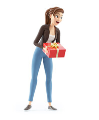 3d cartoon woman offering a gift