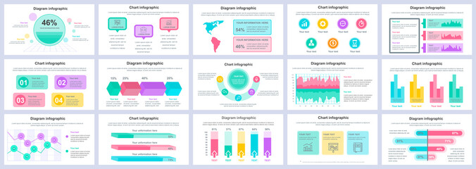 Bundle business and finance infographics presentation slides template. Different charts, diagrams, workflow, flowchart, timeline, schemes design template. Vector info graphic and infographics set.
