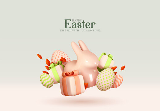 Happy Easter Holiday background. Festive design with realistic decoration elements 3d rabbit and gift box. Easter bunny and eggs. Banner, web poster, flyer cover, stylish brochure, greeting card.