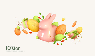 Happy Easter Holiday background. Festive design with realistic decoration elements, Easter bunny and eggs. Soft pastel spring colors. Banner, web poster, flyer cover, stylish brochure, greeting card.