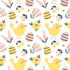 Easter spring seamless pattern with cute birds, eggs and flowers. Hand drawn flat cartoon elements. Vector illustration.